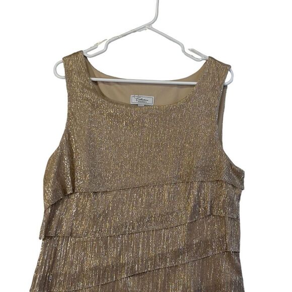 Dress Barn Champagne Metallic Gold Tiered Lined Sleeveless Dress 12 flapper - Picture 2 of 16